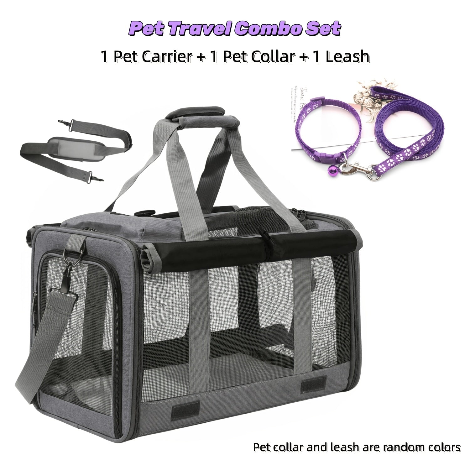 Foldable Soft-Sided Pet Travel Carrier - 1 Beige Bag +1 Harness +1 Tether