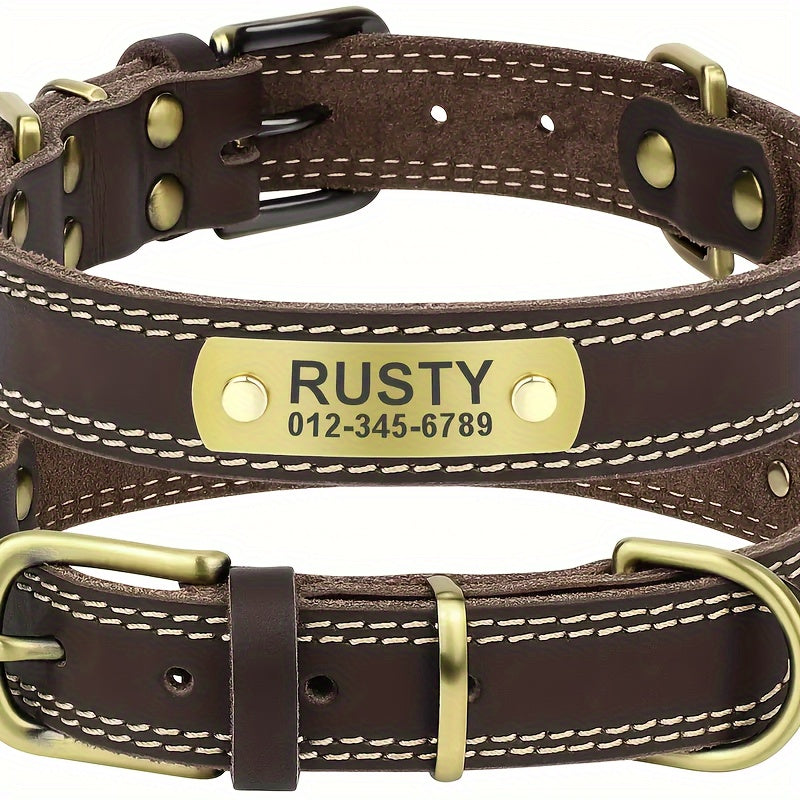 Personalized Dog Collar with Engraved Nameplate - Coffee Brown, M