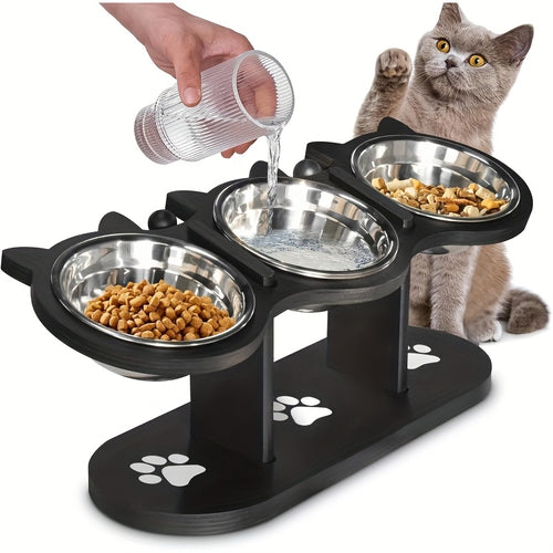 15° Tilted Elevated Pet Bowl Stand - Upgraded and widened - 3-bowl black