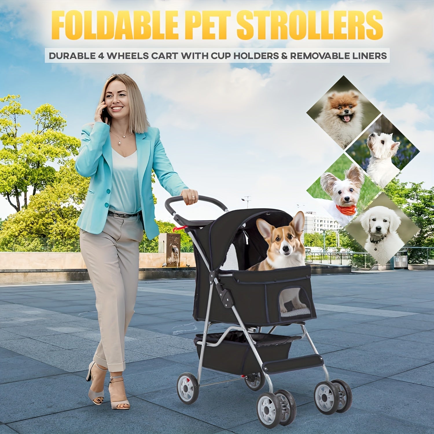 Foldable 4-Wheel Pet Stroller with Storage - pink