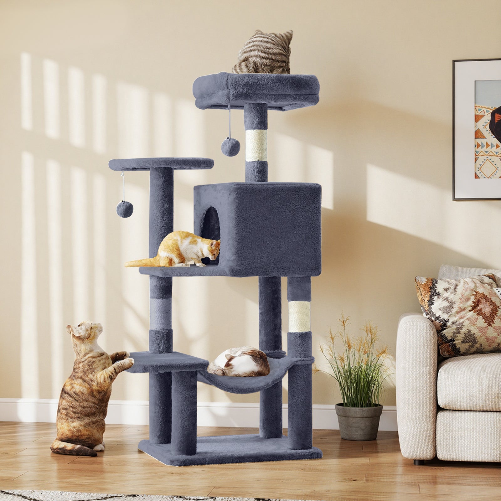 44 in Cat Tree Tower with Condo & Hammock - Light Gray
